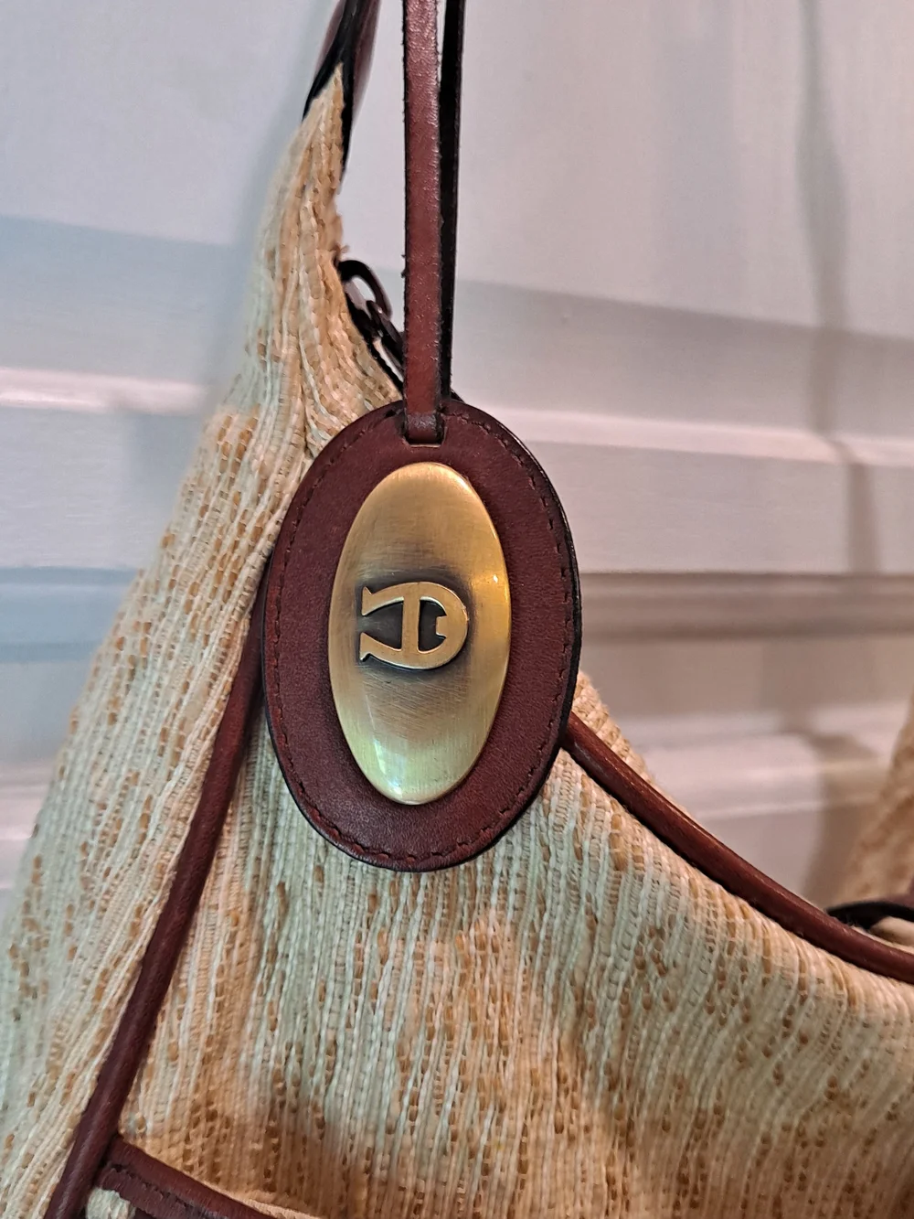 Etienne Aigner Vintage Cream Cotton Jute Brown Woven Leather Hobo Shoulder Bag